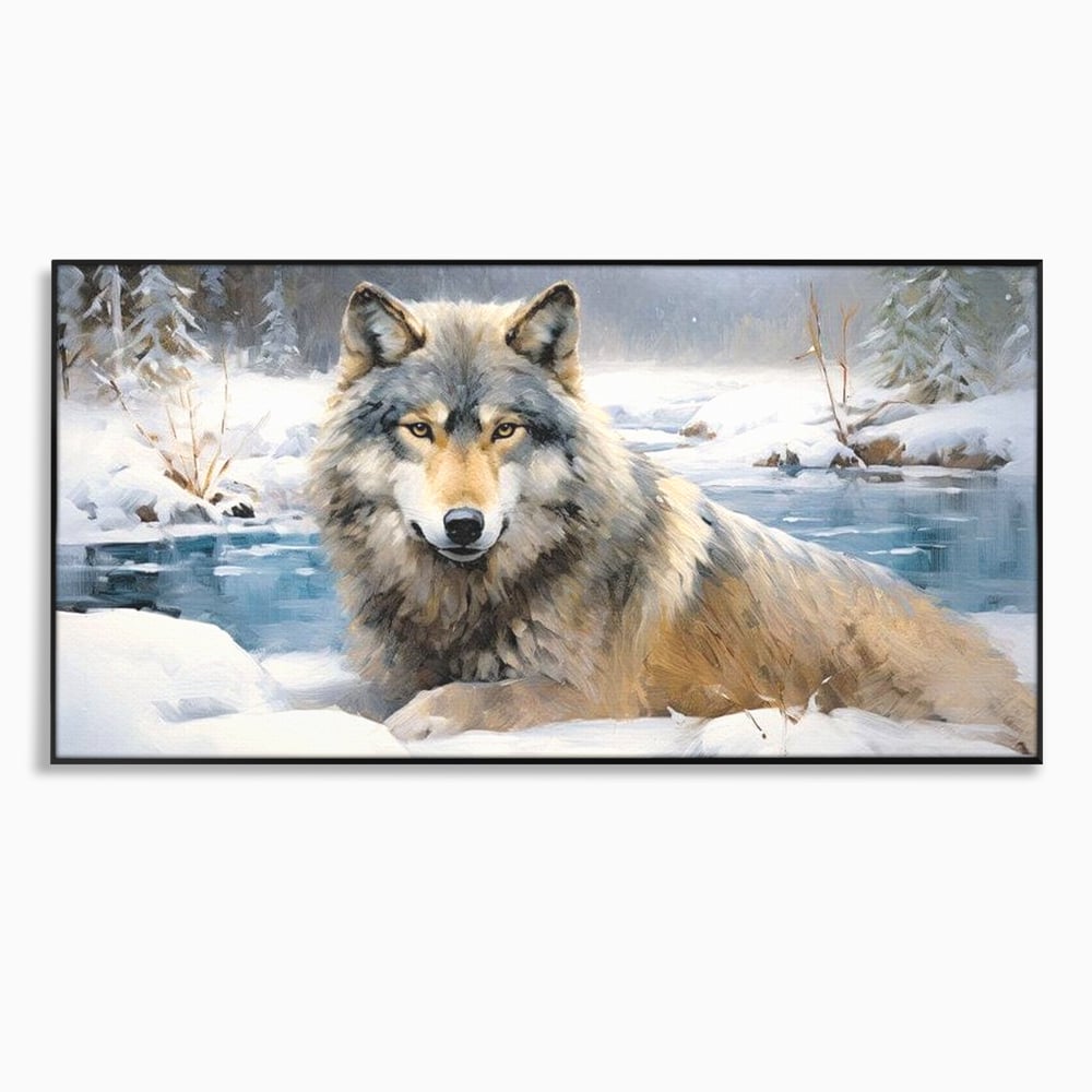 Tablou canvas cu pictura cu lup singuratic in zapada, in rama de aluminiu negru